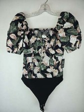 NWT EXPRESS Size Small Women's Black Floral Puff Sleeves Bodysuit