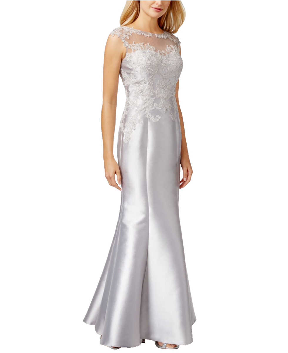 JS COLLECTIONS ~Silver Embellished Illusion Yoke Trumpet Formal Gown 4 NEW  $469