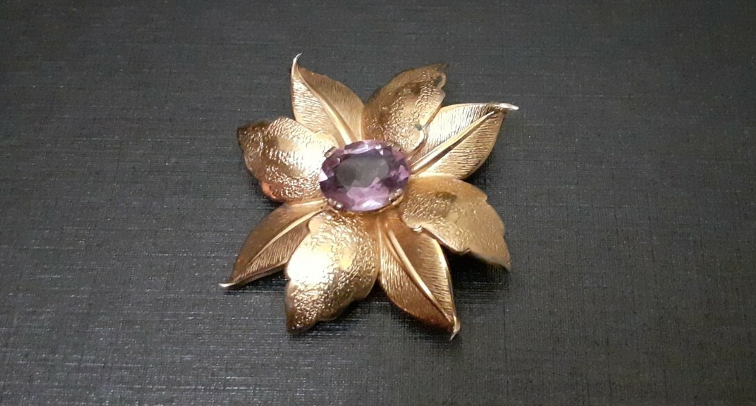 Broche Ancienne Nœud Or Avec Pampille Et Améthyste Naturelle - Bijou Vintage - Parfait État
