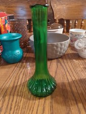 Glass Bud Vase Forest Green 9 Inch Ribbed Wide Bottom Long Neck