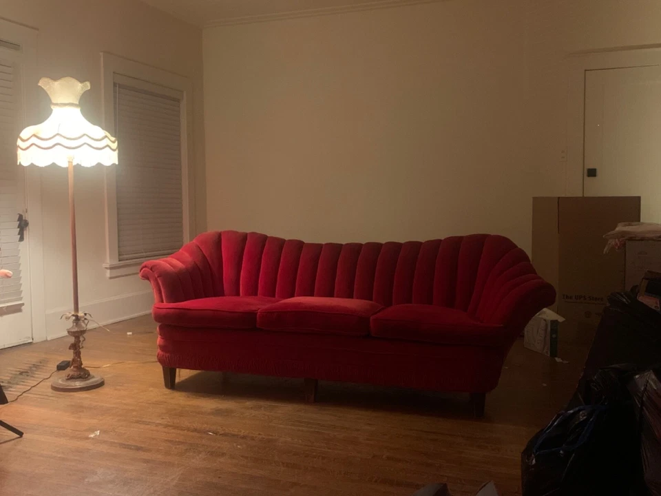 Vintage Red Velvet Shell Back Sofa - Image 2 of 2