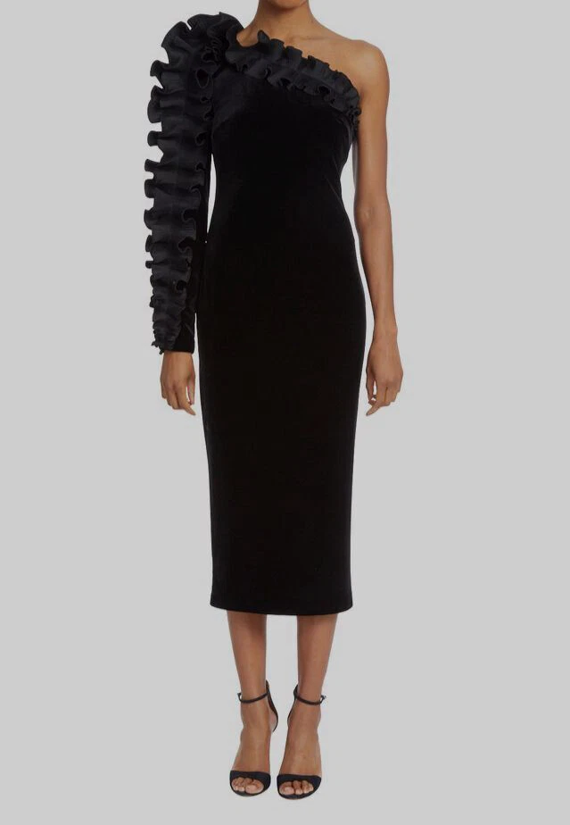 badgley mischka drop waist velvet dress Badgley Mischka Velvet Mock Neck Belted Sheath Gown Dress