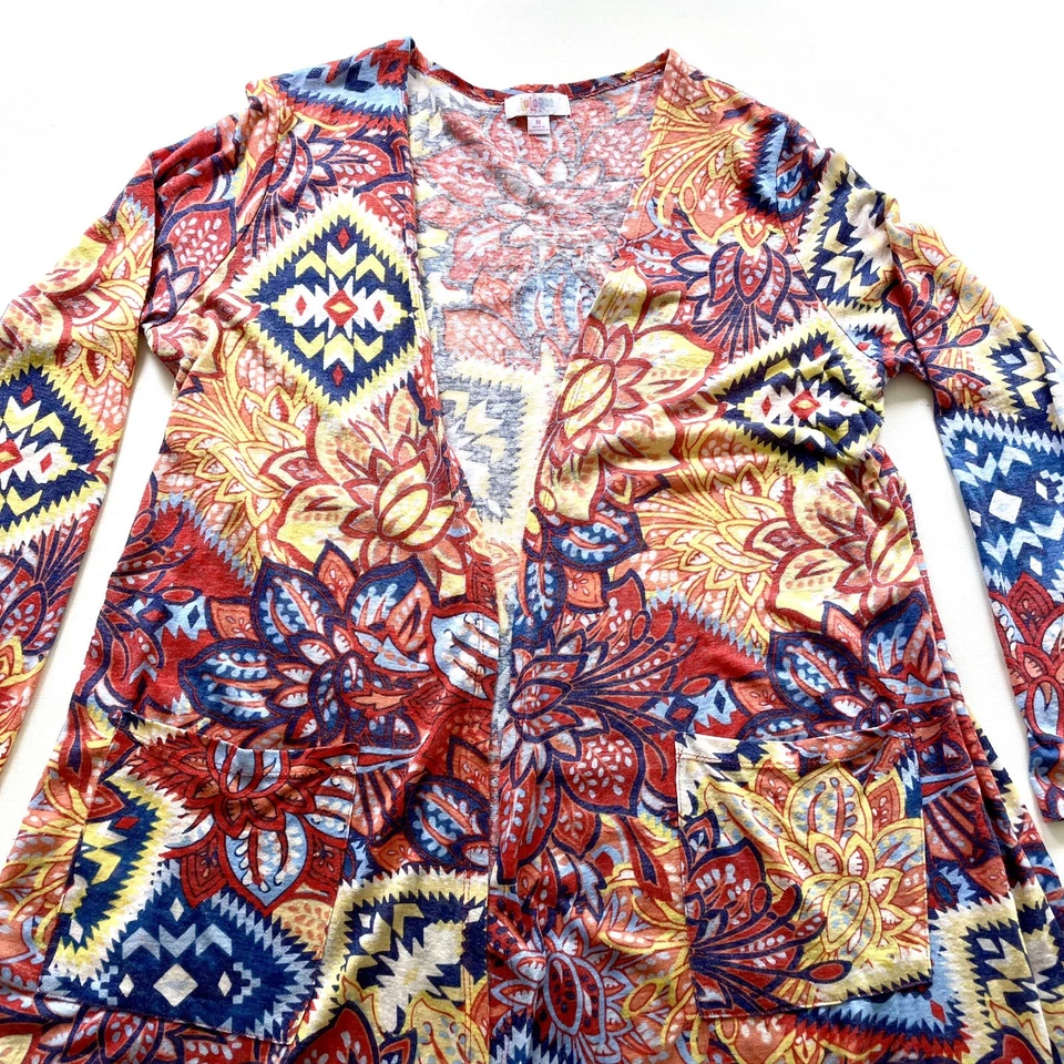 Lularoe Womens Cardigan Medium Sarah Linen Cover-Up Shawl Aztec Flower Boho - Image 2 of 4