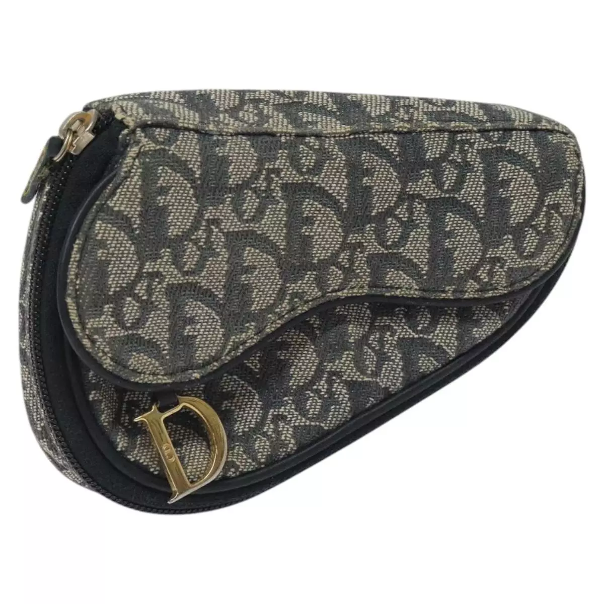 Pochette de selle toile Christian Dior trotteur bleu marine or authentique 114974