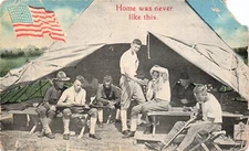 Doughboy Military Army Camp Tent Patriotic Flag WWI Soldiers Vtg Postcard E45