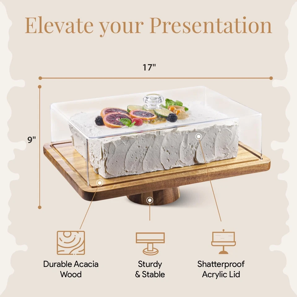 Soporte para Pasteles de Madera de Acacia con Tapa - Soporte para Pasteles Rectangular, Pestaña de Postre 2 en 1... Foto 3 de 4