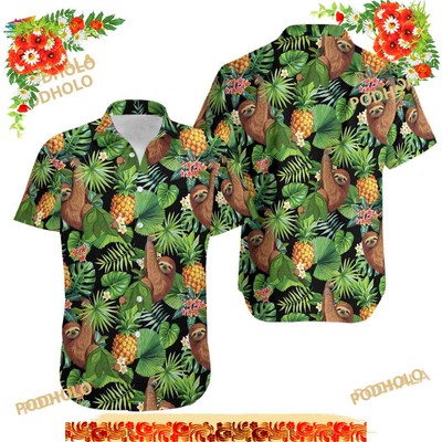 Sloth Pineapple Tropical Summer Cool Leaf Hawaiian Shirt
