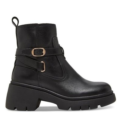 Steve Madden Women 9.5 M Black Leather Coletta Lug Sole Buckle Boots NIB XC5