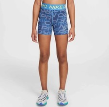 Nike Pro Shorts Youth Girls Medium Blue Beyond Logo Print Dri-FIT HF8862-489 NEW