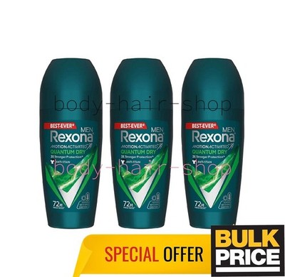 Rexona Men Quantum Dry Roll-on Deodorant 72H Feel Fresh Anti-Stain 45ml 3er Pack