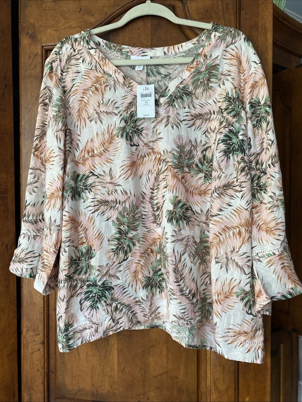J. Jill Linen Pullover Blouse Size 1X Palm Pattern Bell Sleeve Beachy Coastal