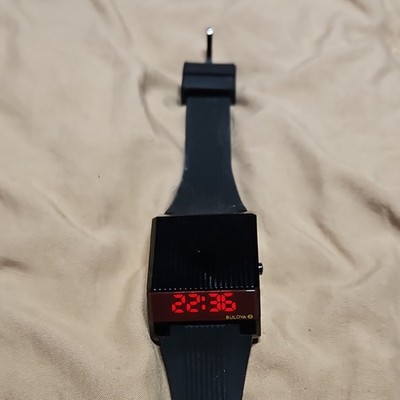 Bulova Computron Digital LED Quartz Black SS Case Red Dial 33mm Rubber Strap