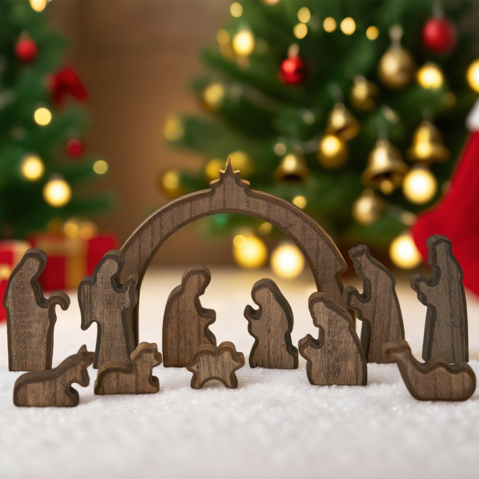 Indoor Christmas Nativity Set 12pcs Wooden Manger Rustic Mini Figurines