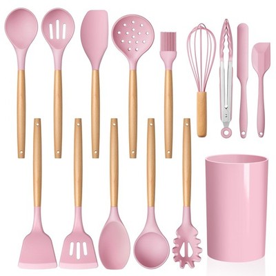 15pc Pink Silicone Kitchen Utensils Set With Holder Wooden Handle