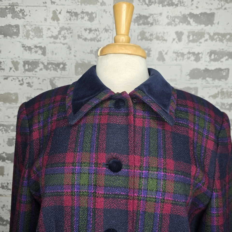 Traje Kasper Mujer 16 Vintage 100% Lana Cuadros Terciopelo Borde 2 Piezas Trabajo Carrera Foto 3 de 4
