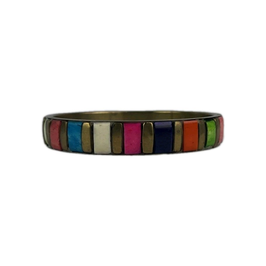 Bangle Bracelet Inlay Multi Color Stone Brass Vintage Unbranded-image