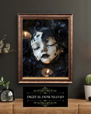 Cracked Doll Wall Art Print Gothic Candle Black Rose Creepy Still Life