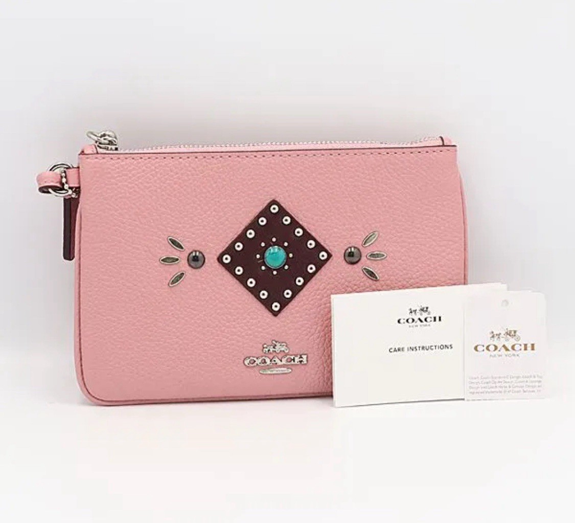 Vintage Coach Western Rivets Pink Leather Zip Pouch with Wristlet in Excellent Condition
