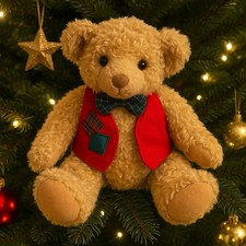 Hallmark Plush Teddy Bear Tan W/ Red Vest Plaid Bow Tie 14 Vintage 5357