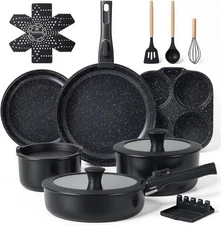 21-Piece Cookware Set with Egg Frying Pan, Black Speckled/Removable Handle 