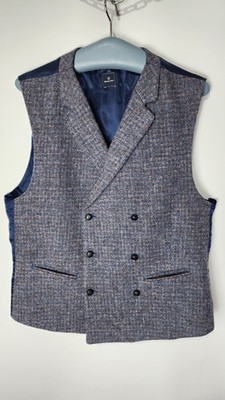 Barutti Harris Tweed Vest Mens M Double Breasted Wool Blue Brown Waistcoat Class
