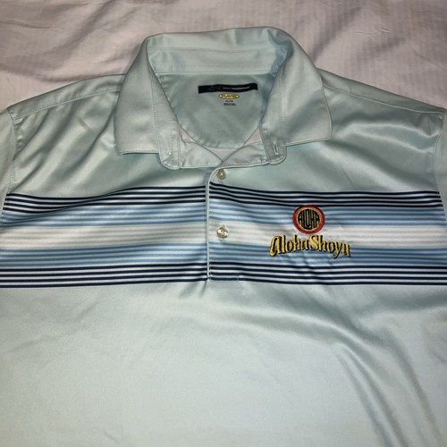 Aloha Shoyu Hawaii Polo Shirt XL  Greg Normal Play Dry Blue Embroidered Striped