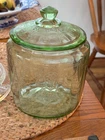 VTG Green Uranium Glass Cookie Jar w/Lid Cameo Ballerina ~ Anchor Hocking 1930s