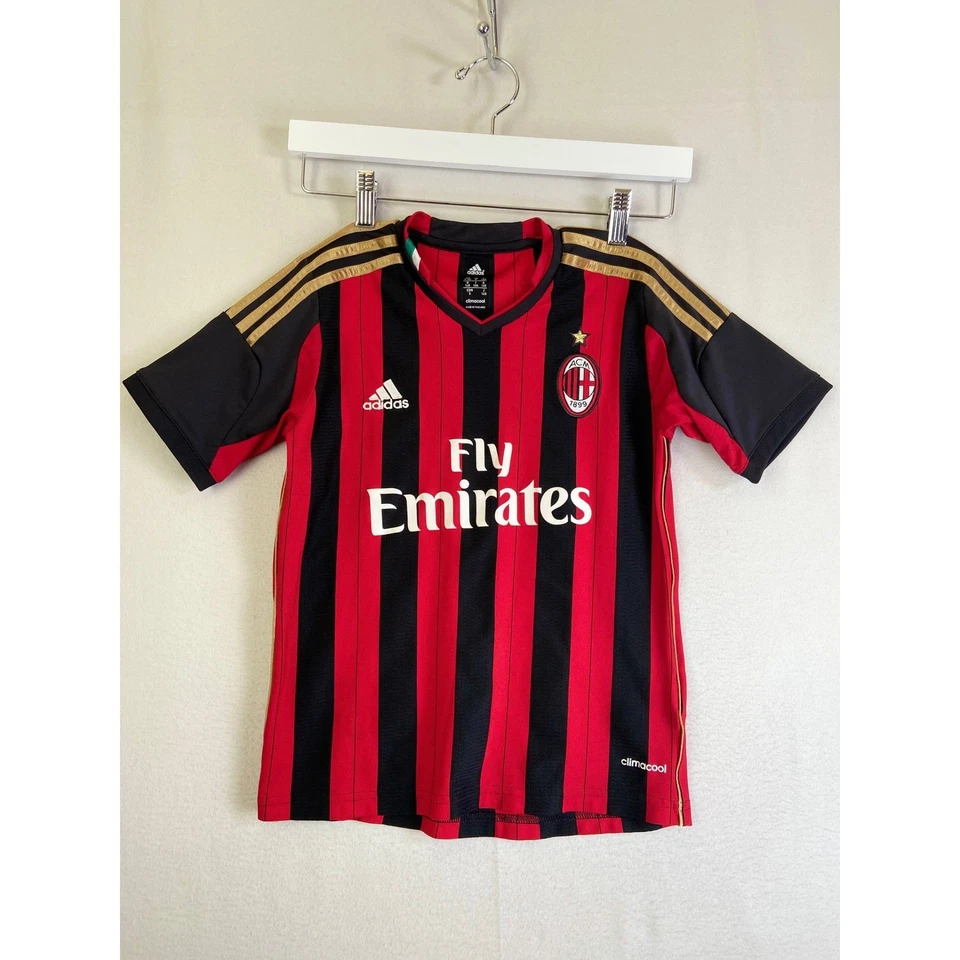 Adidas AC Milan Home Jersey Red Black Striped Soccer Shirt Kids S Fly Emirates - Image 1 of 4