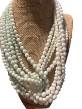 Vintage Multi Strand Necklace Intertwined Faceted Beads White Mint Green Adj 21"