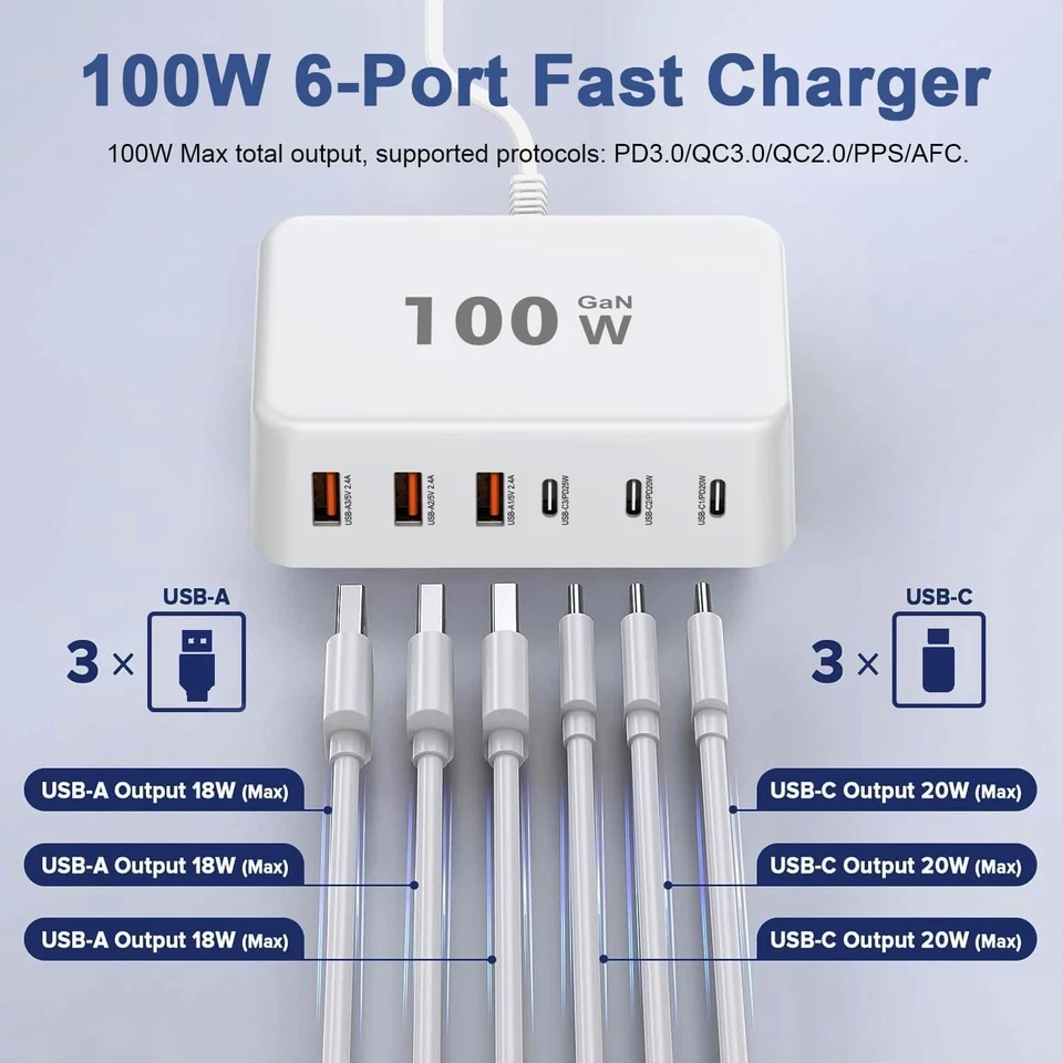 USB C Fast Charger,100W GaN 6 Port Type USB C Charging Station Hub Block USB C W - Image 4 of 4