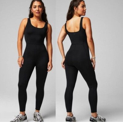 NWT Fabletics Black Atlantis Scuba Knit Bodysuit Jumpsuit Flattering - Sz LARGE