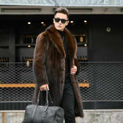 Mens Faux Mink Fur Coat Business Casual Long Knee Length 5XL Lapel