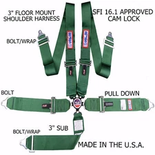 RJS RACING SFI 16.1 CAM LOCK 5 POINT SEAT BELT HARNESS FLOOR MOUNT GREEN 1034909