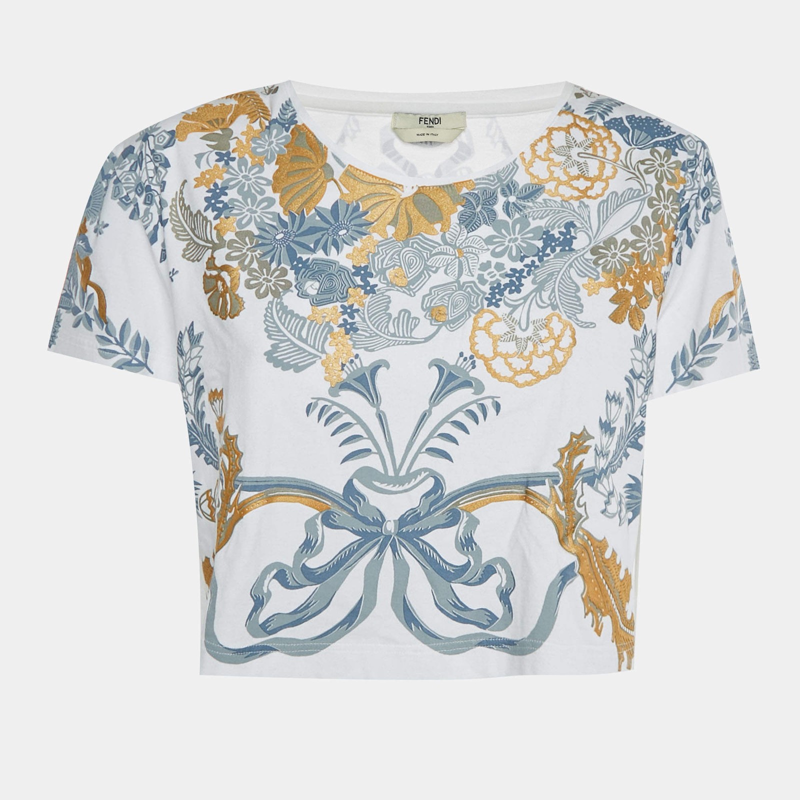 Fendi White Floral Applique Print Cotton Knit Crop Top L