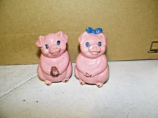Upright Pink Pigs Salt & Pepper Shakers Ceramic Vintage Some Chips