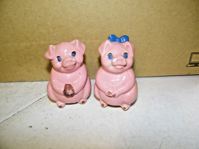 Upright Pink Pigs Salt & Pepper Shakers Ceramic Vintage Some Chips