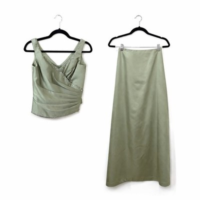 VTG Alexia Designs Seafoam Green Satin 2 Piece Beaded Top With Maxi Skirt Size 6