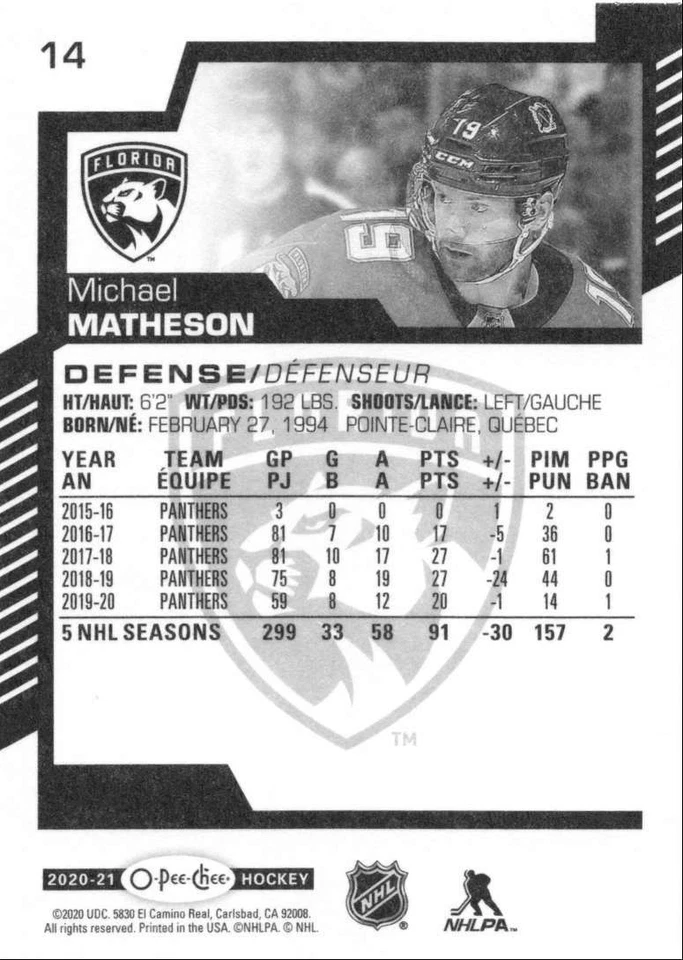 2020-21 O-Pee-Chee Michael Matheson Florida Panthers #14 - Image 2 of 2
