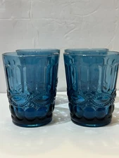 4 Blue Eye Winker Flat Tumblers 8 ozGlass Set Mosser Wright VintageGlasses