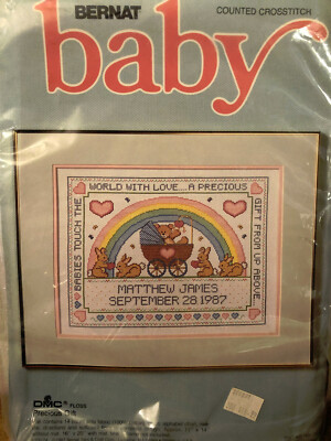 Bernat Counted Cross Stitch Craft Kit Baby Precious Gift Announcement 1987 New!