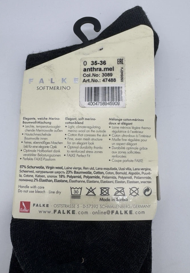 Falke FALKE Mujer Softmerino Calcetines Lana Merino Algodón EE. UU. Talla 5-6 Gris NUEVO Foto 4 de 4