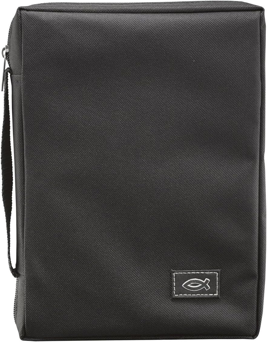 Bible Cover with Zipper, Jesus Fish Design, Black Canvas, Medium Size