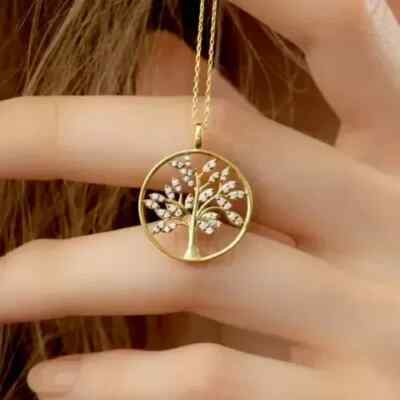 1.00 Ct Round Cut Real Moissanite Tree of Life Pendant 14k Yellow Gold Plated