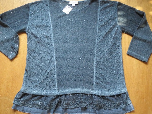 Linea Tesini Shirt Tunika, Gr. 52, Dunkelblau, Spitze, Pailletten, Neu-image