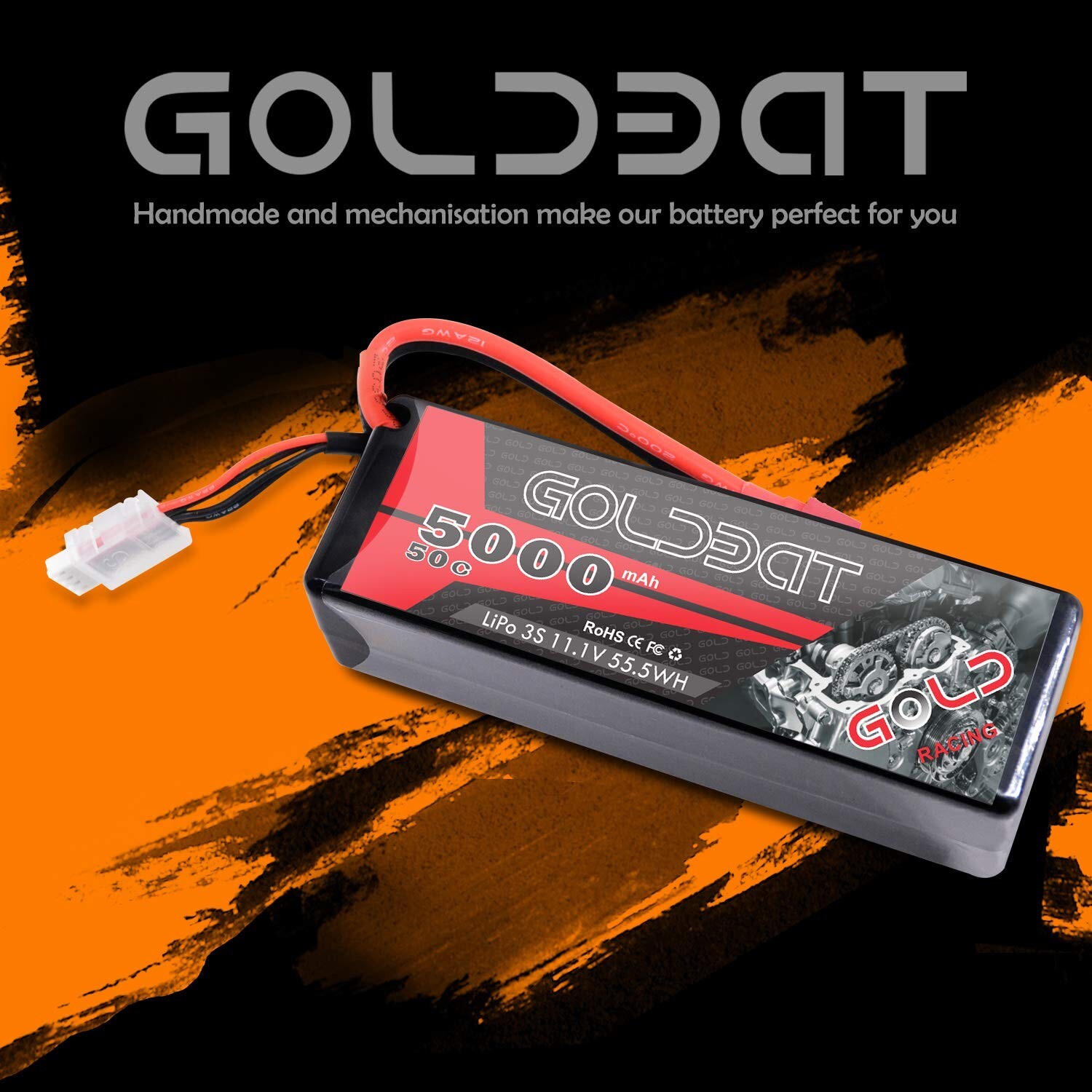 GOLDBAT 11.1V 5000mAh 3S Lipo Battery – Hard Case Pack With T Connector For RC Cars & Trucks