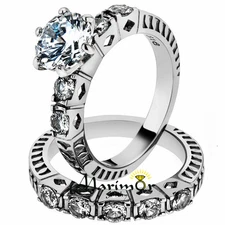 3.10 Ct Round Cut Zirconia Stainless Steel 316 Wedding Ring Band Set Sz 5-10