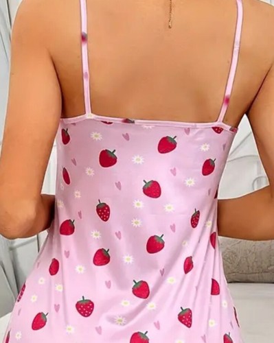 Women Pink Strawberries Soft Stretch Knit Chemise Nightgown Sz L - Picture 7 of 12