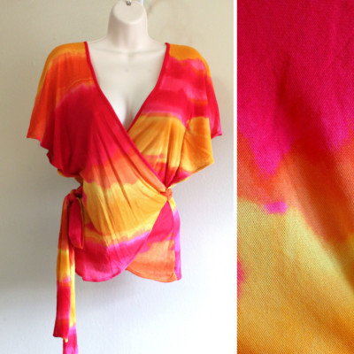 Tie Dye Mesh Wrap Shirt S Orange Pink Stretch Nylon Cross Short Flutter Sleeve