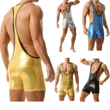 Men Jumpsuits Athletic Leotard Gymnastics Bodysuit Swim Sportswear Sexy Shiny