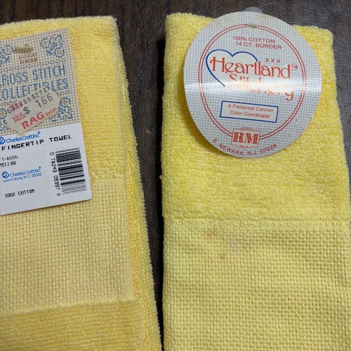 4 Charles Craft Cross Stitch & Heart Stitchery 14 Ct Towels Ecru & Yellow w Tags - Picture 5 of 6